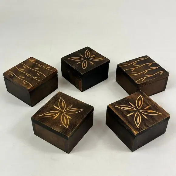Safari Trinket Boxes Lot of 5 Vtg Hand Carved Wood Floral Vine Tribal Decor Leaf - Picture 3 of 11